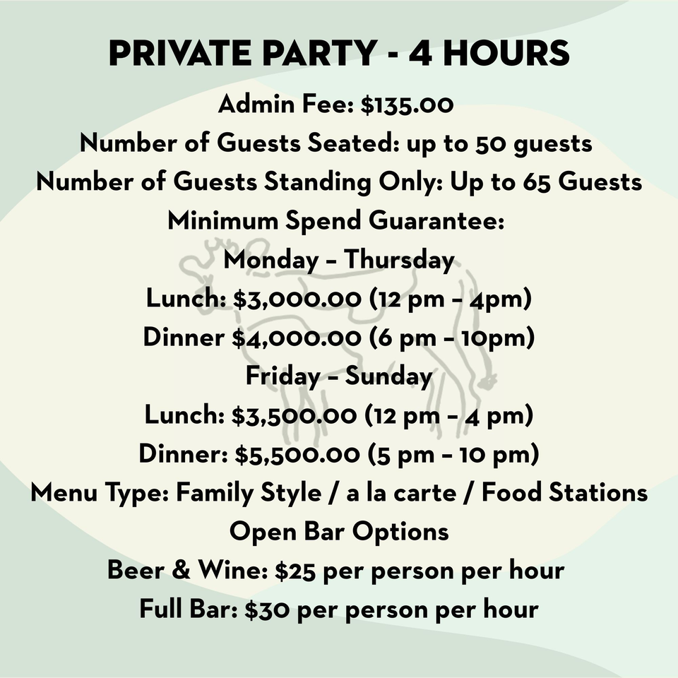 Pecoraro Latteria's private party pricing and details, including guest capacity, minimum spend, and bar options.