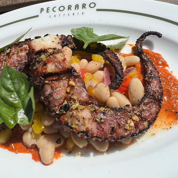 Grilled octopus with white beans, bell peppers, and basil on a white plate at Pecoraro Latteria.