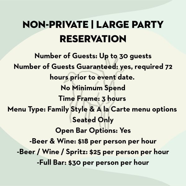 Pecoraro Latteria's non-private large party reservation details, including guest count, menu, and bar options.
