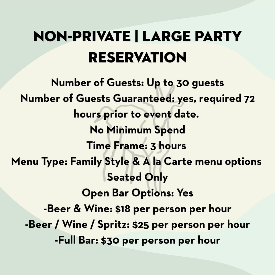 Pecoraro Latteria's non-private large party reservation details, including guest count, menu, and bar options.
