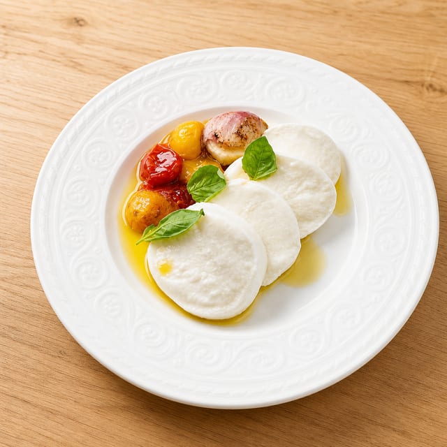 HAND STRETCHED MOZZARELLA & CONFIT HEIRLOOM.